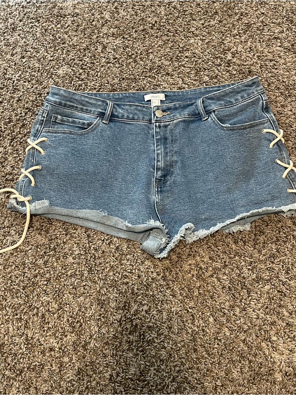 Forever 21 Premium BOHO Lace-Up Side Distressed Denim Shorts Size 33